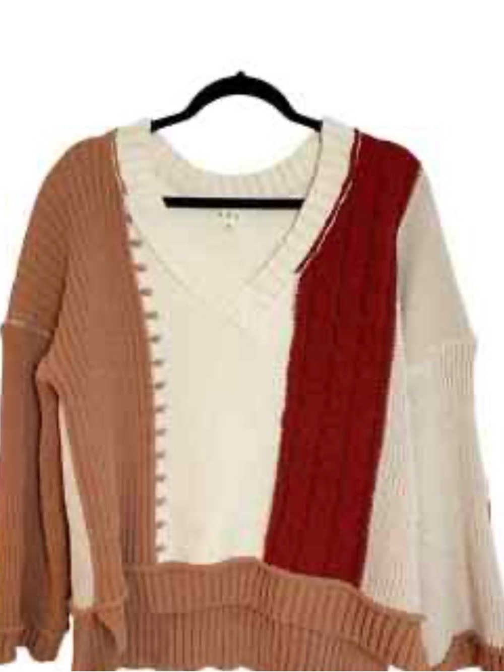 POL Pizazz Color Block V Neck Cable Knit Sweater OVERSIZED L